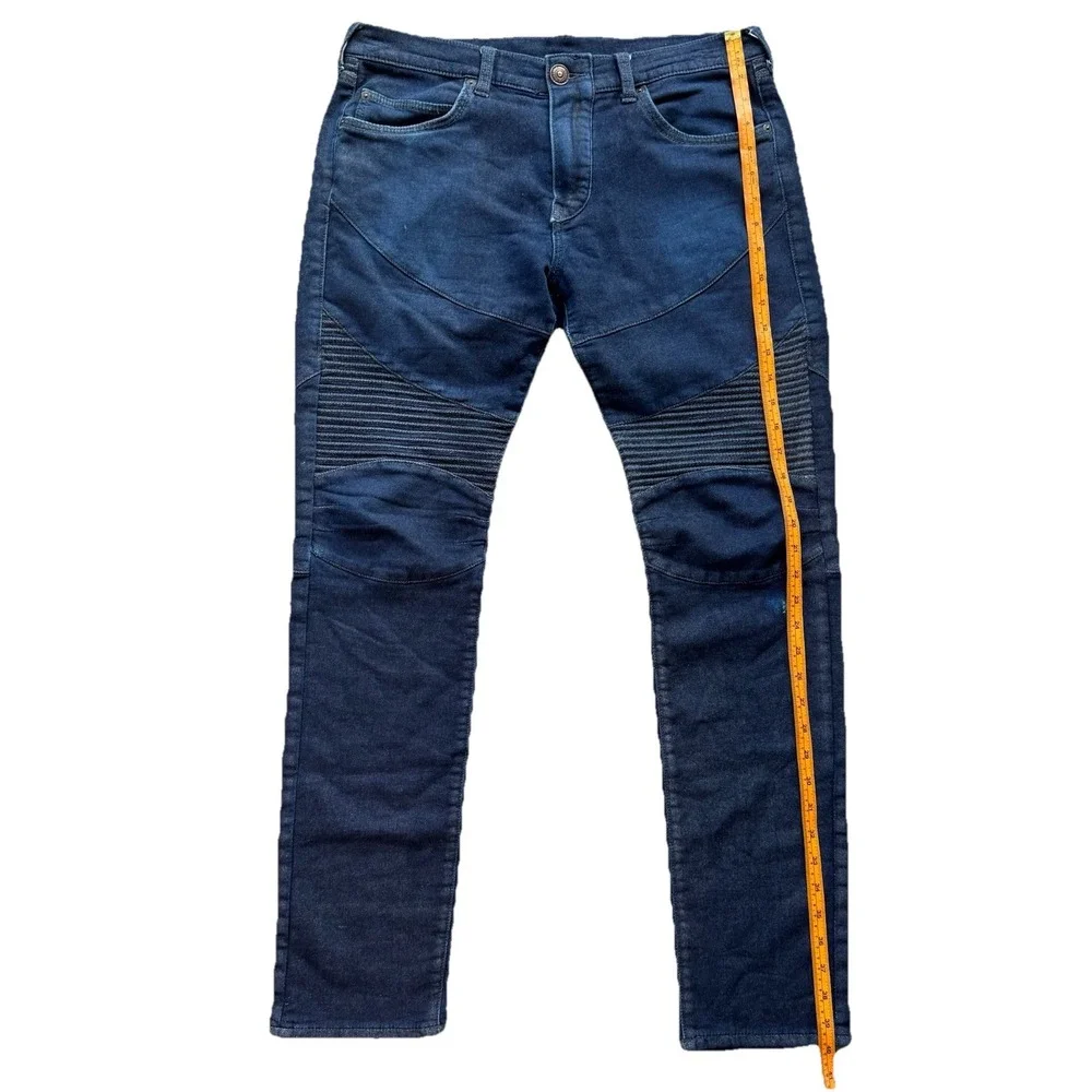 True Religion Jeans Blue Rocco Moto Relaxed Skinny Run Stitch Knee Stretch Sz 32